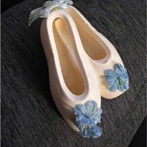 Artistic Gifts Vintage Ceramic White Ballet Shoes Blue Flowers Hanging Ribbons